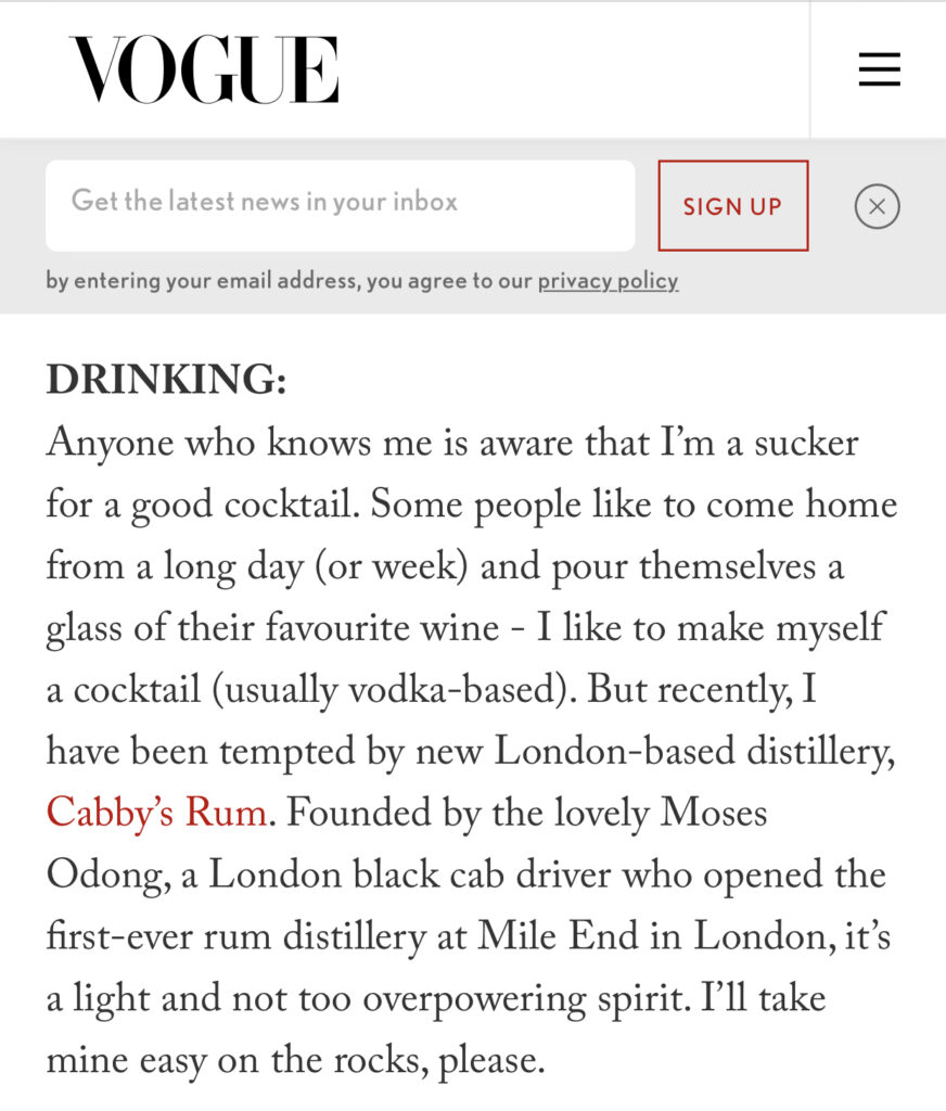 Vogue Cabby's Rum Article
